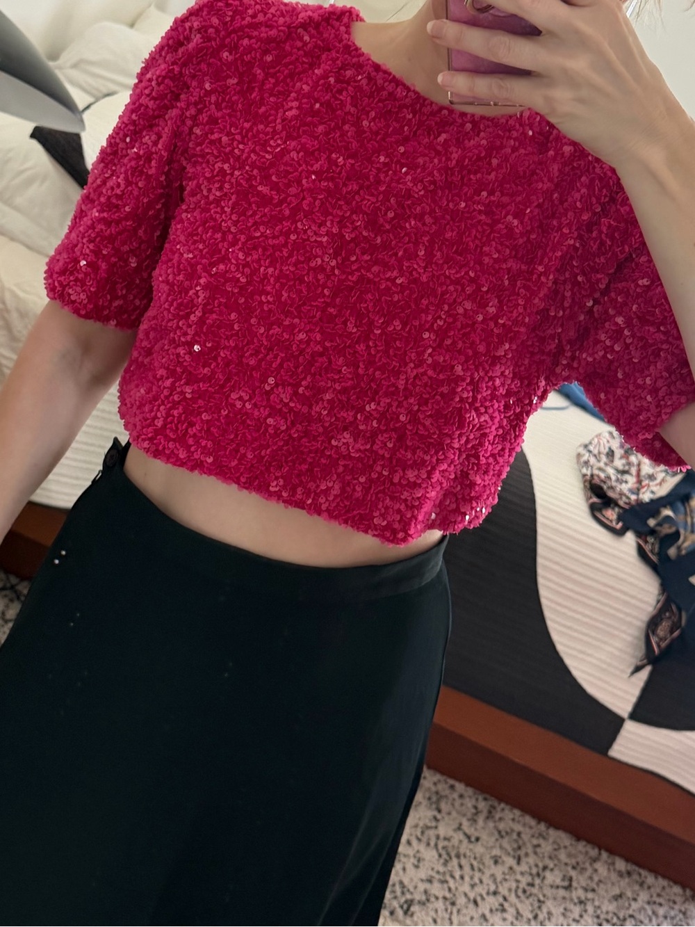 EUC Cloud Ten hot pink sequin crop puff sleeve top L large